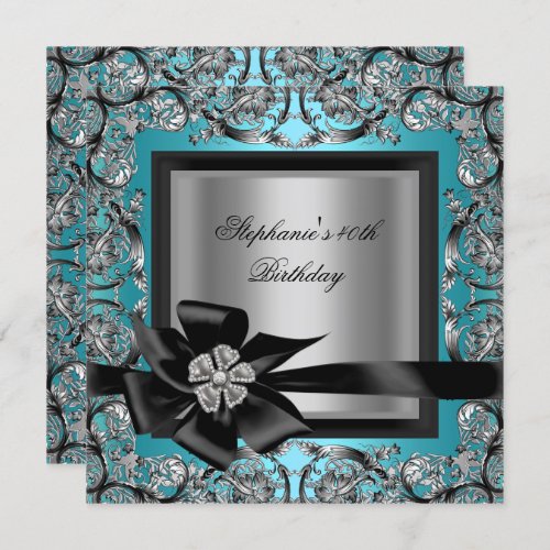 40th Birthday Party Teal Blue Silver Black Bow Invitation
