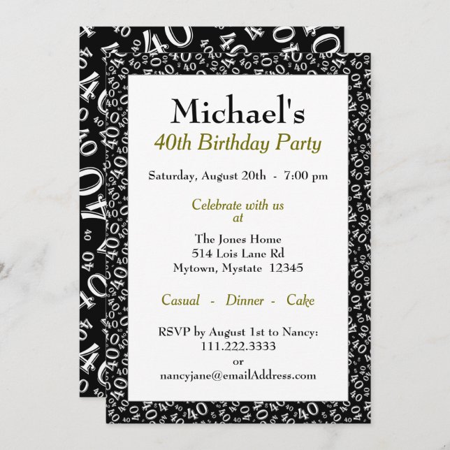 40th Birthday Party Theme  Black and White Pattern Invitation (Front/Back)