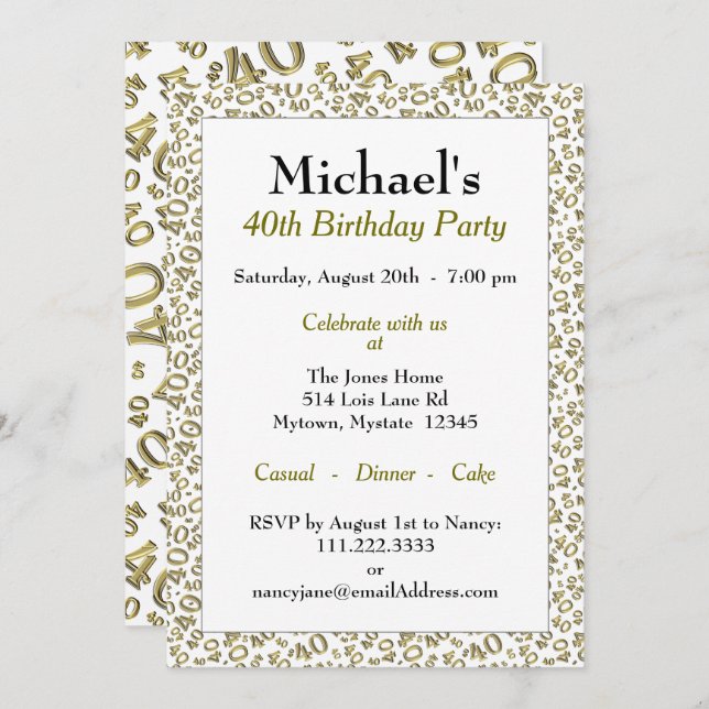 40th Birthday Party Theme - Gold and White Pattern Invitation (Front/Back)