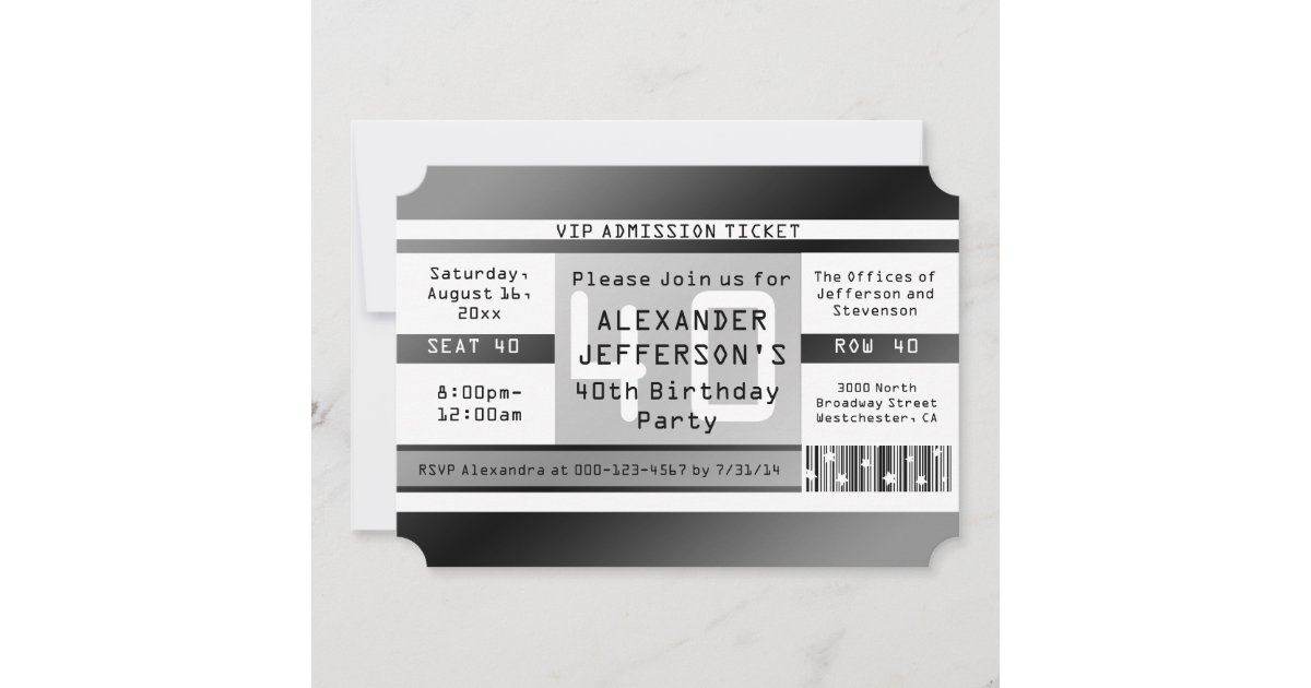 40th Birthday Party Ticket Shaped Invitations | Zazzle