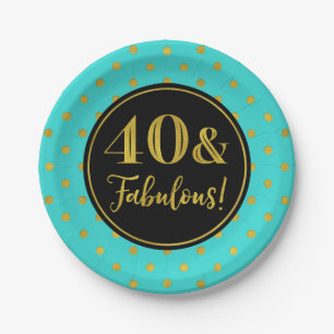 40th Birthday Party Turquoise Black Gold Dots Paper Plates