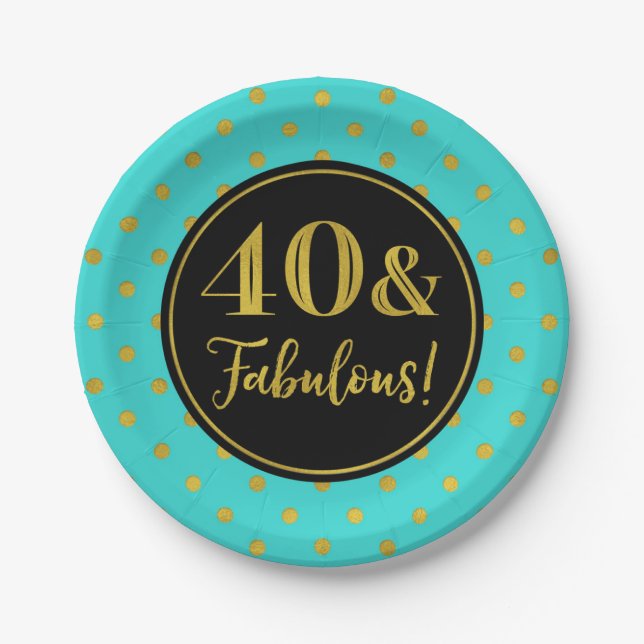 40th Birthday Party Turquoise Black Gold Dots Paper Plates (Front)