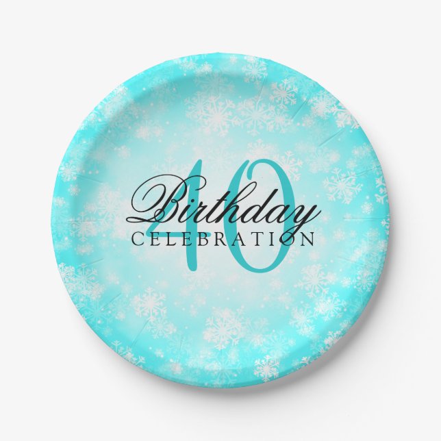 40th Birthday Party Turquoise Winter Wonderland Paper Plates (Front)