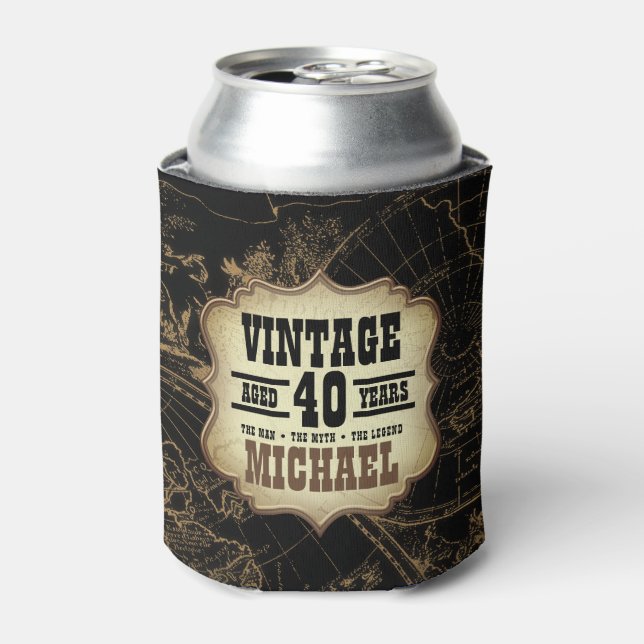 40th Birthday Party Vintage Theme World Map Can Cooler (Can Front)