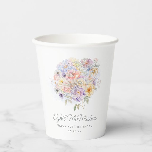 40th Birthday Party Watercolor Floral Custom Paper Cups (Front)