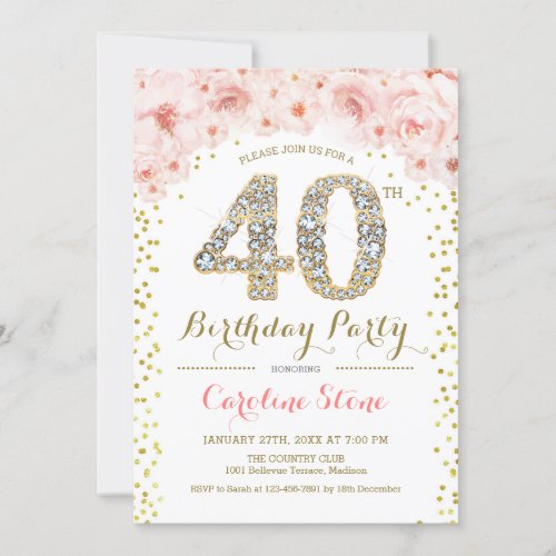 40th Birthday Party _ White Gold Pink Invitation