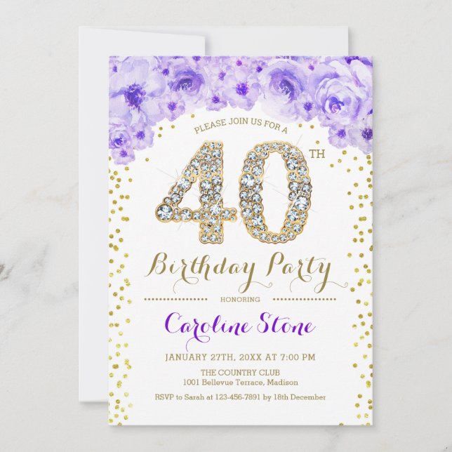 40th Birthday Party - White Gold Purple Invitation (Front)