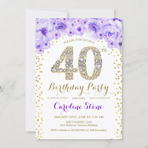 40th Birthday Party - White Gold Purple Invitation