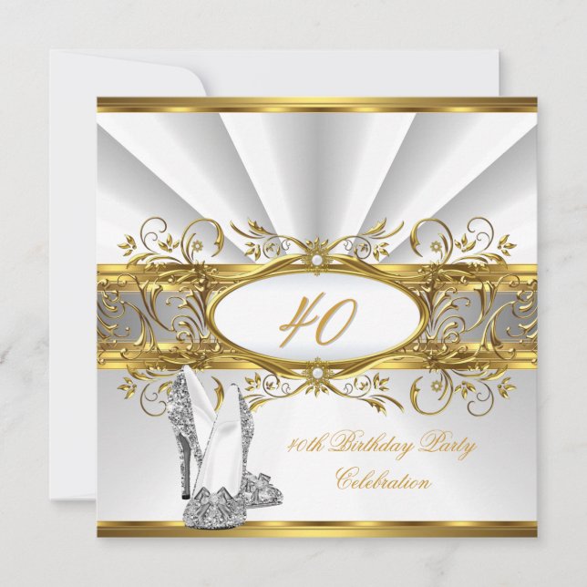 40th Birthday Party White Gold Silver Heels Invitation (Front)