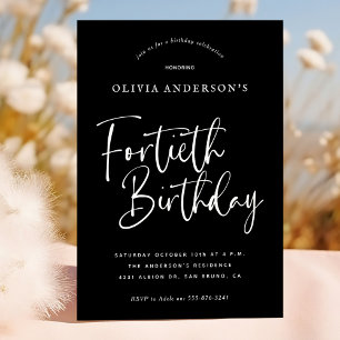 40th Birthday Party   White on Black Typography Invitation
