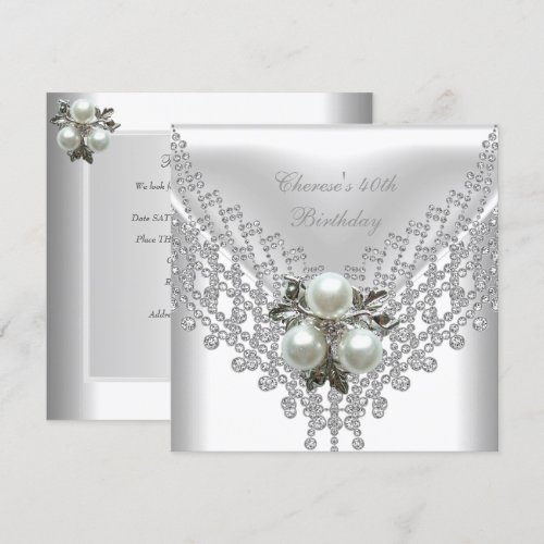 40th Birthday Party White Pearl Diamond Jewel Custom Invitation