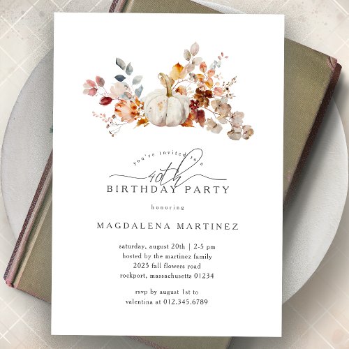 40th Birthday Party White Pumpkin Fall Flowers  Invitation