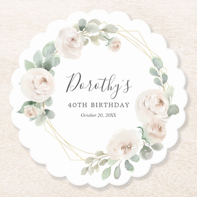 40th Birthday Party White Rose Floral Custom Paper Coaster (Front)