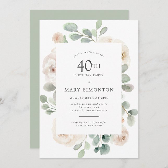 40th Birthday Party White Rose Floral Invitation (Front/Back)