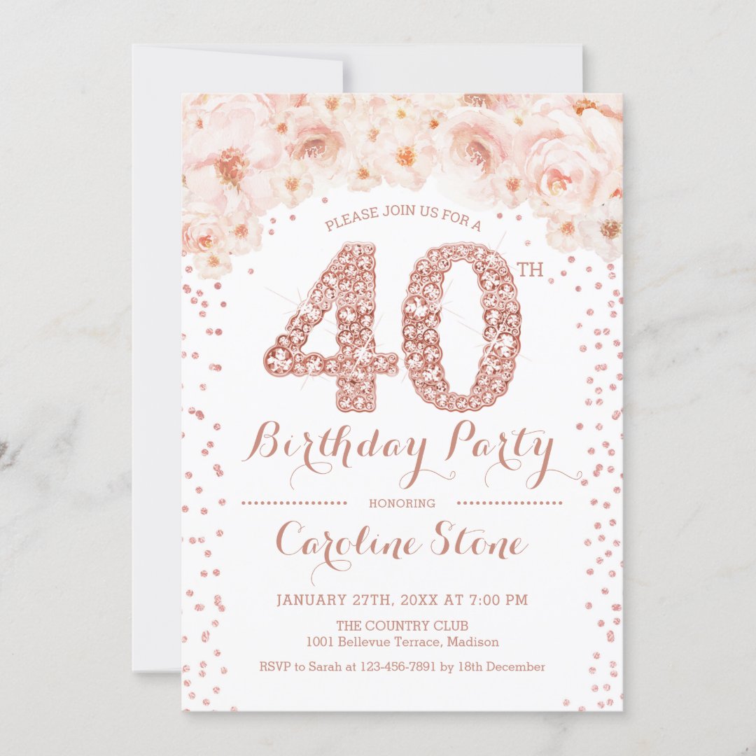 40th Birthday Party - White Rose Gold Invitation | Zazzle