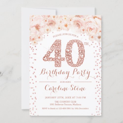 40th Birthday Party _ White Rose Gold Invitation