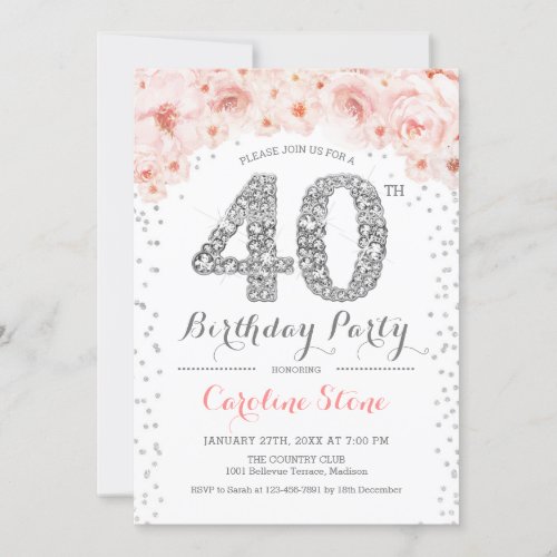 40th Birthday Party _ White Silver Pink Invitation