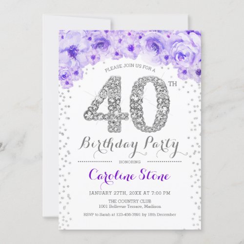 40th Birthday Party _ White Silver Purple Invitation