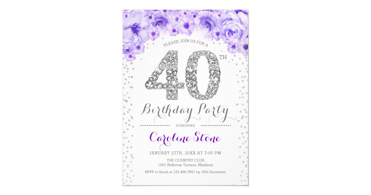 40th Birthday Party - White Silver Purple Invitation | Zazzle.com