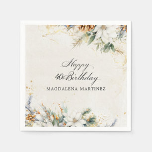 40th Birthday Party White Winter Floral Custom Napkins