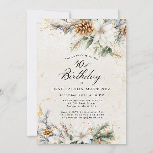 40th Birthday Party Winter White Floral Greenery Invitation