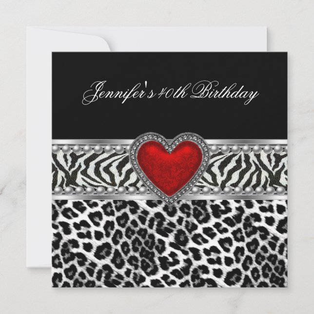 40th Birthday Party Zebra Black White Leopard Red Invitation (Front)