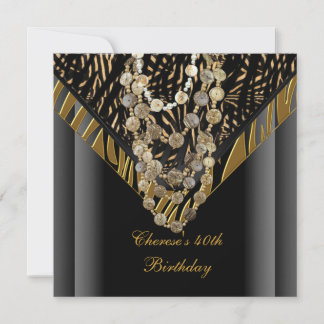 40th Birthday Party Zebra Gold Bronze Wild Black Invitation