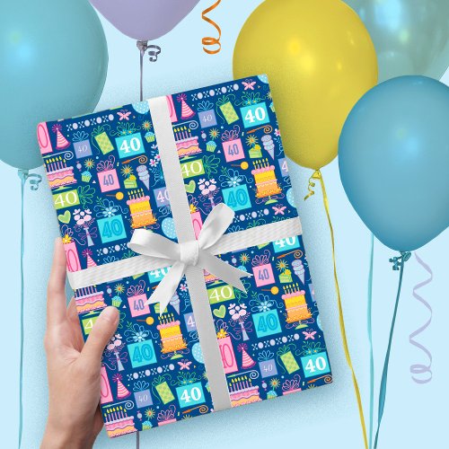 40th Birthday Pastel Blue Cake Presents Balloons  Wrapping Paper Sheets