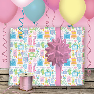 40th Birthday Pastel Pink Cake Presents Balloons W Wrapping Paper Sheets