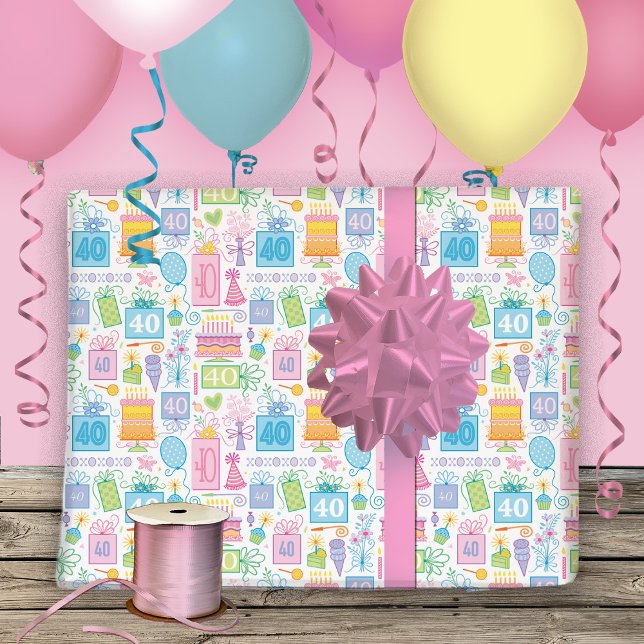 40th Birthday Pastel Pink Cake Presents Balloons W Wrapping Paper Sheets (Creator Uploaded)