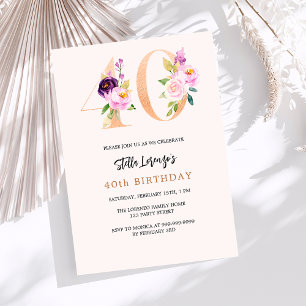 40th birthday peach floral number gold luxury invitation
