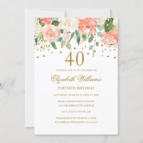 40th Birthday Peach Gold Floral Invitation