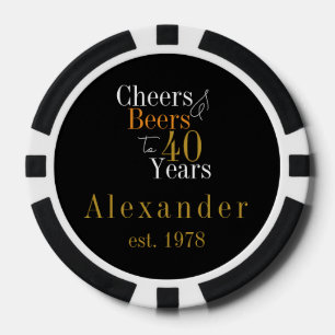 40th Birthday Personalized Cheers Beers Black Gold Poker Chips