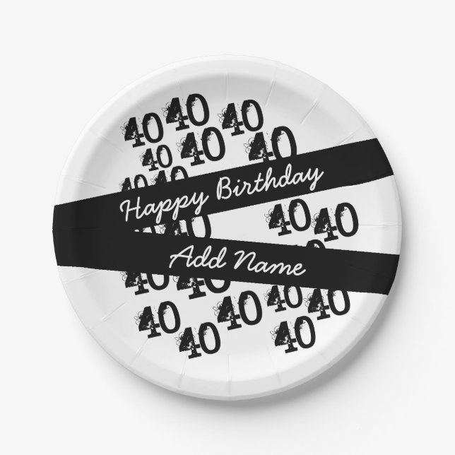 40th Birthday Personalized Funky Black White Paper Plates (Front)
