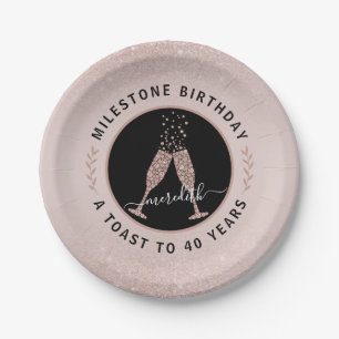 40th Birthday Personalized Glitter Champagne Toast Paper Plates