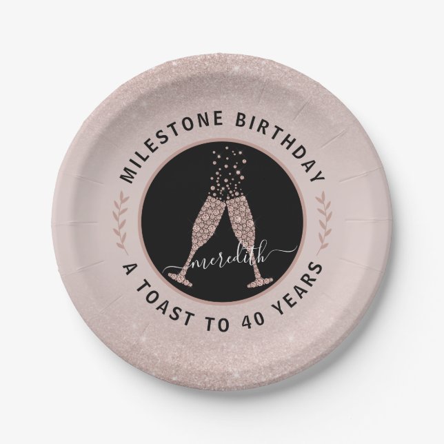 40th Birthday Personalized Glitter Champagne Toast Paper Plates (Front)