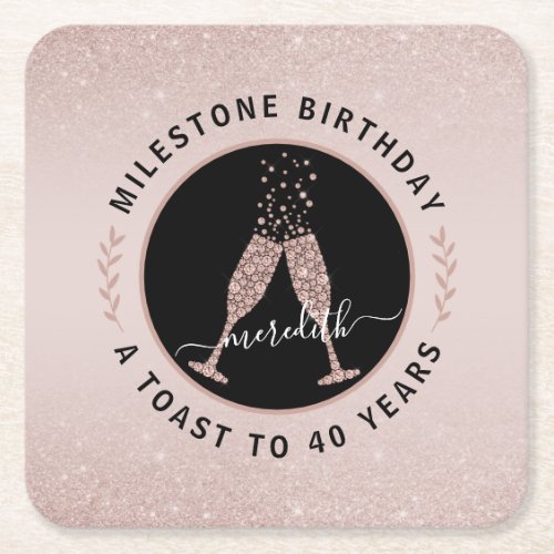 40th Birthday Personalized Glitter Champagne Toast Square Paper Coaster