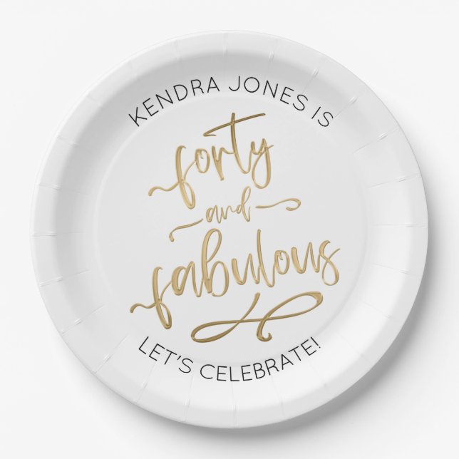 40th Birthday Personalized Gold Glitter Paper Plates (Front)