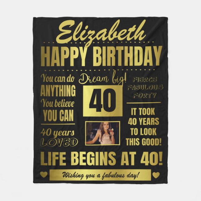 40th Birthday Personalized Photo Fleece Blanket (Front)