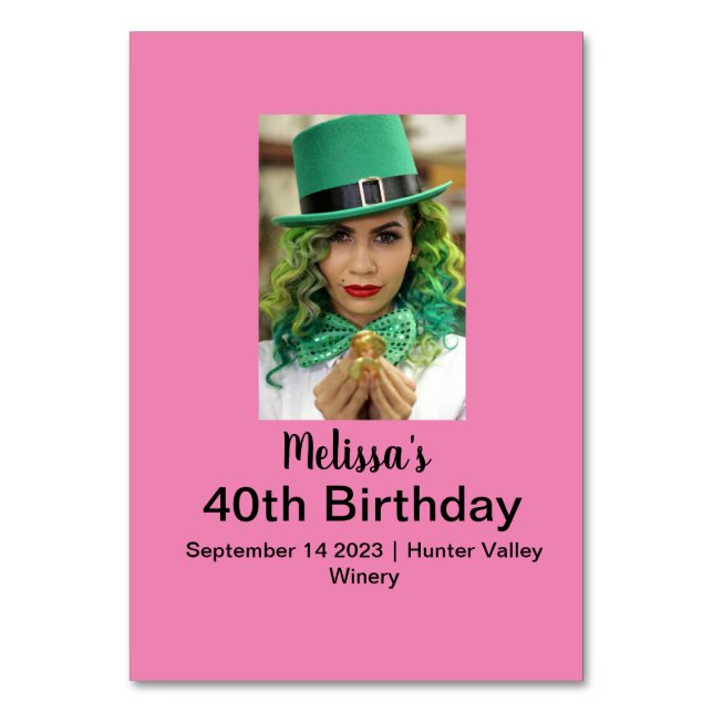 40th Birthday Personalized Photo pink Table Number (Front)