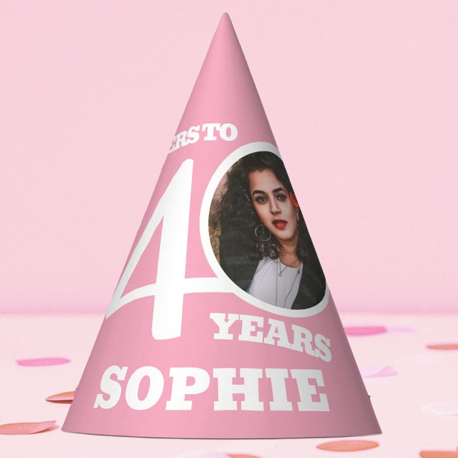 40th birthday personalized photo white light pink party hat (Creator Uploaded)