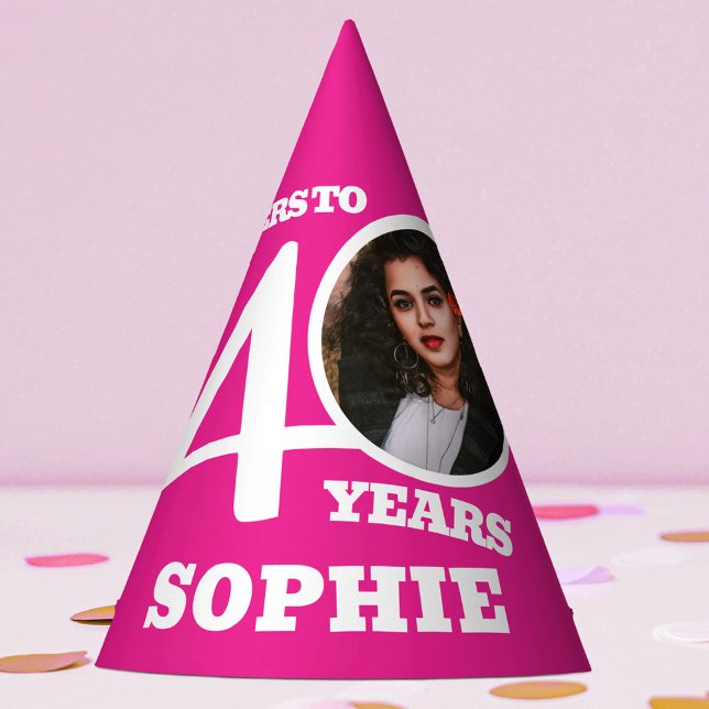 40th birthday personalized photo white pink party hat (Creator Uploaded)