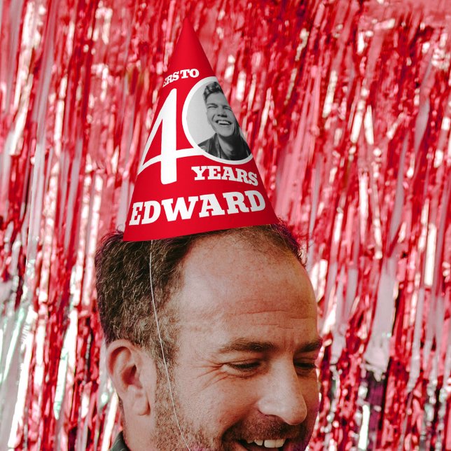40th birthday personalized photo white red party hat (Creator Uploaded)