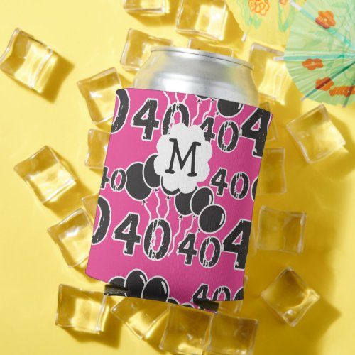 40th Birthday Personalized PINK BLACK Monogram Can Cooler