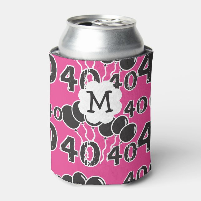 40th Birthday Personalized PINK BLACK Monogram Can Cooler (Can Front)