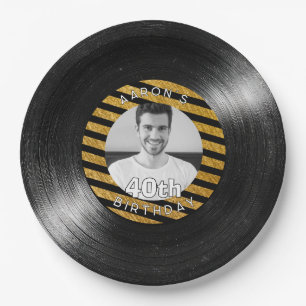 40th Birthday Photo Black and Gold Retro Paper Plates