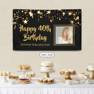 40th Birthday Photo Black Gold Stars Personalized Banner