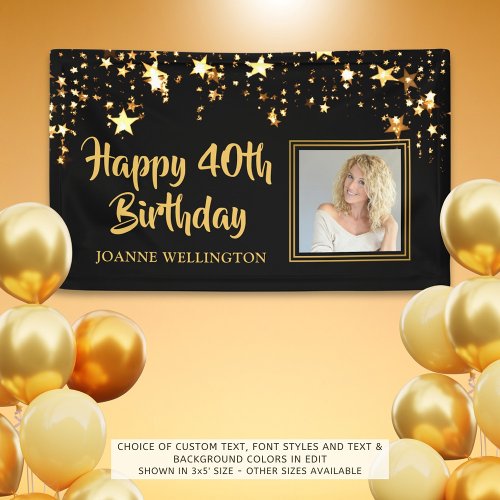 40th Birthday Photo Black Gold Stars Personalized Banner