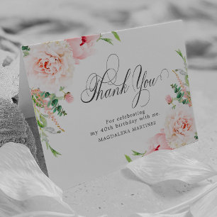 40th Birthday Photo Blush Pink Floral Folded Letterpress Thank You Card