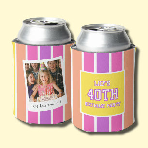 40th Birthday Photo Bright Stripe Can Cooler